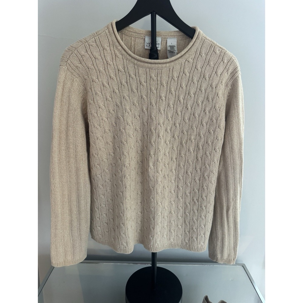 🌸 Villager Sport Liz Claiborne Cable‎ Knit Sweater Women's L Beige 100% Cotton